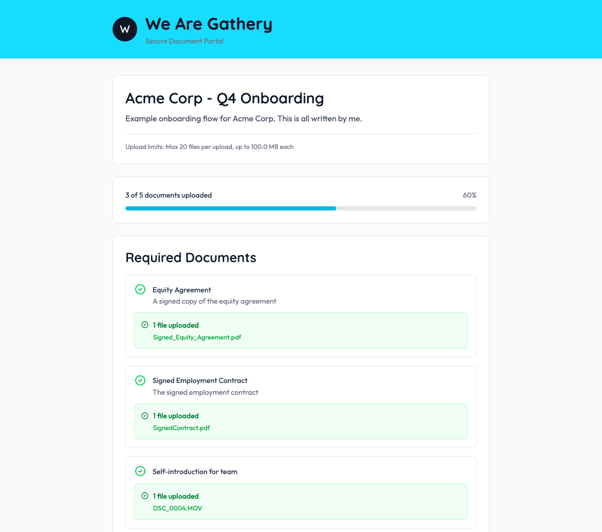 Product preview showing a client portal checklist and upload progress with 3 of 5 documents uploaded by the client