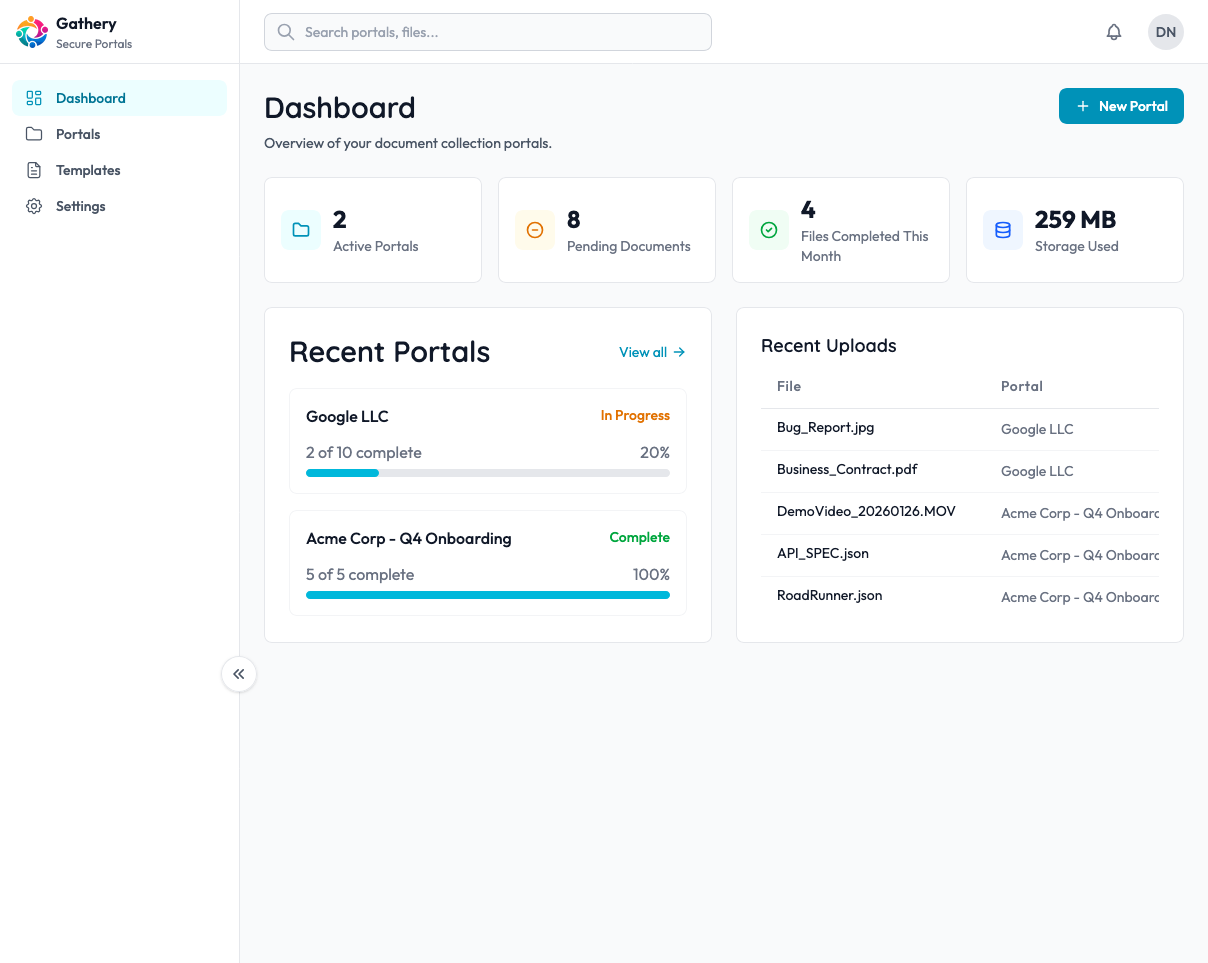 Product preview showing a client dashboard with multiple client portals and their upload status