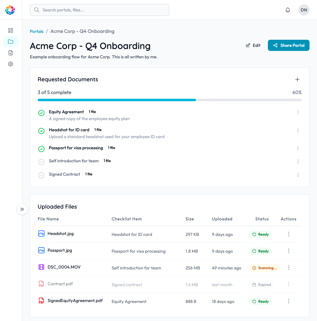 Portal view showing checklist progress and secure file management